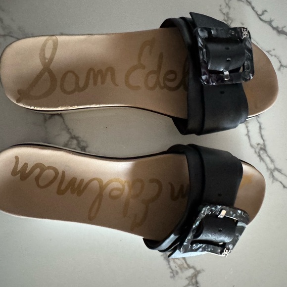 Sam Edelman Black Slide Sandals with Patterned Buckle - Picture 2 of 5